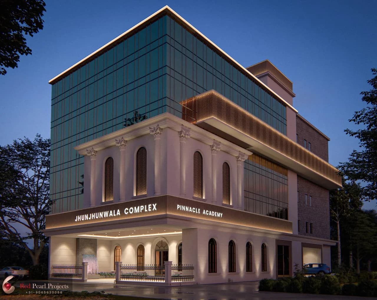 Architectural visualization of the JW PRIME campus exterior in the evening