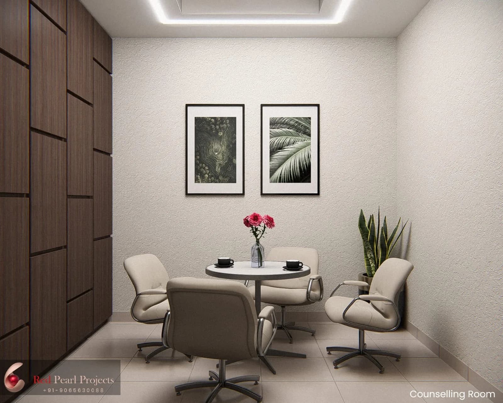 Architectural visualization of a private counselling meeting room