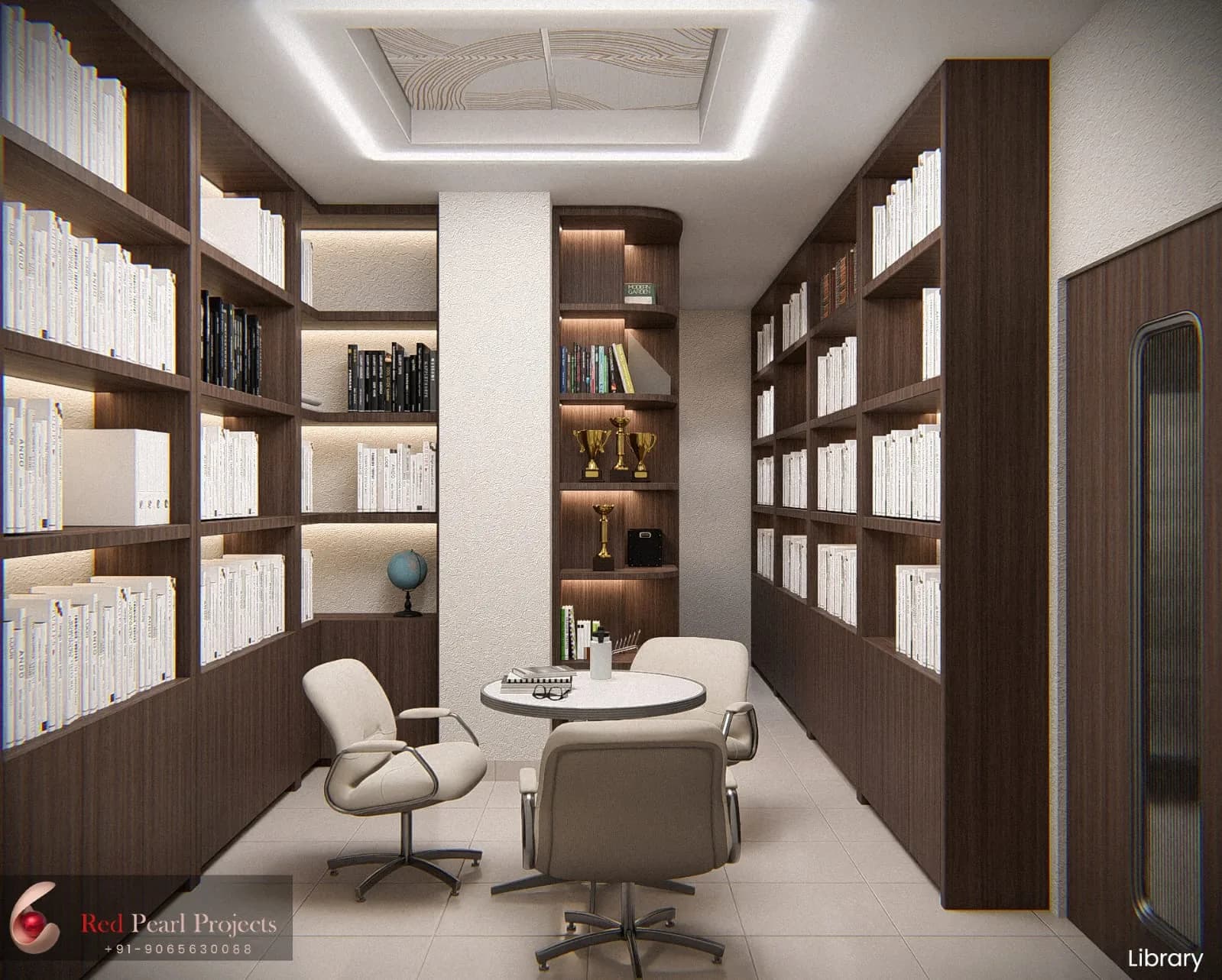 Architectural visualization of a library and quiet study room