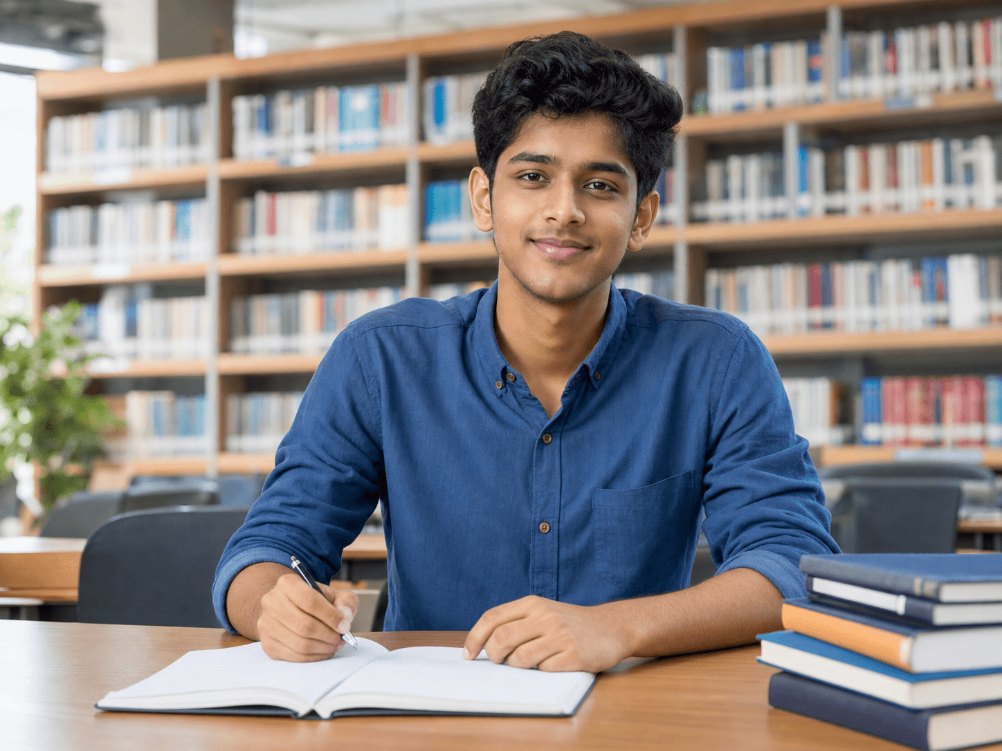 Indian student preparing with focused guidance in a library