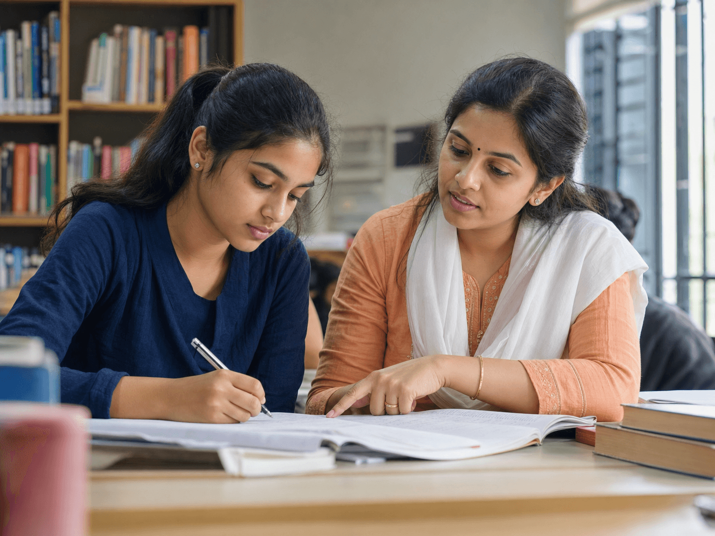 Indian teacher guiding an Indian student during focused study