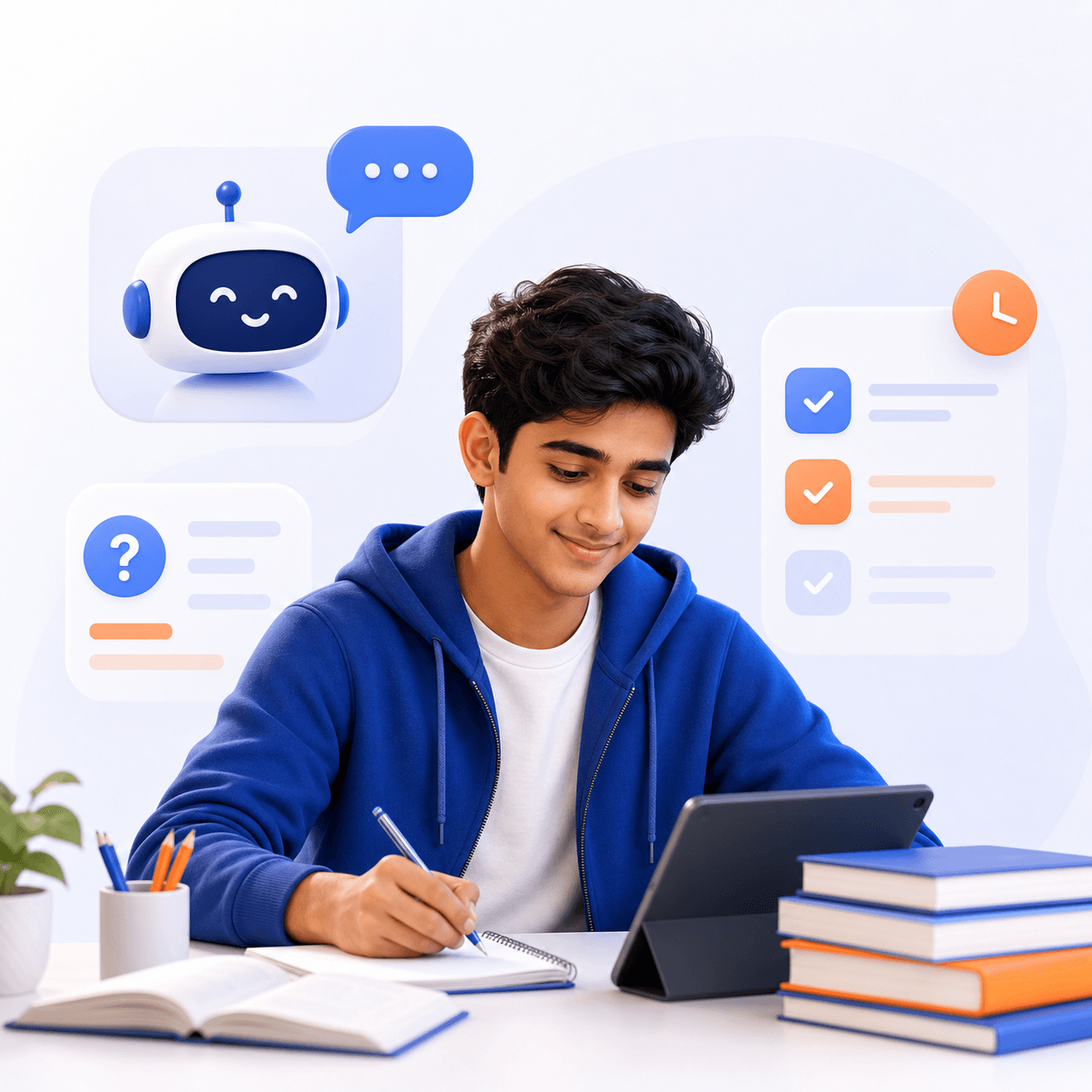 Indian student using a study planner, doubt support, and revision tools