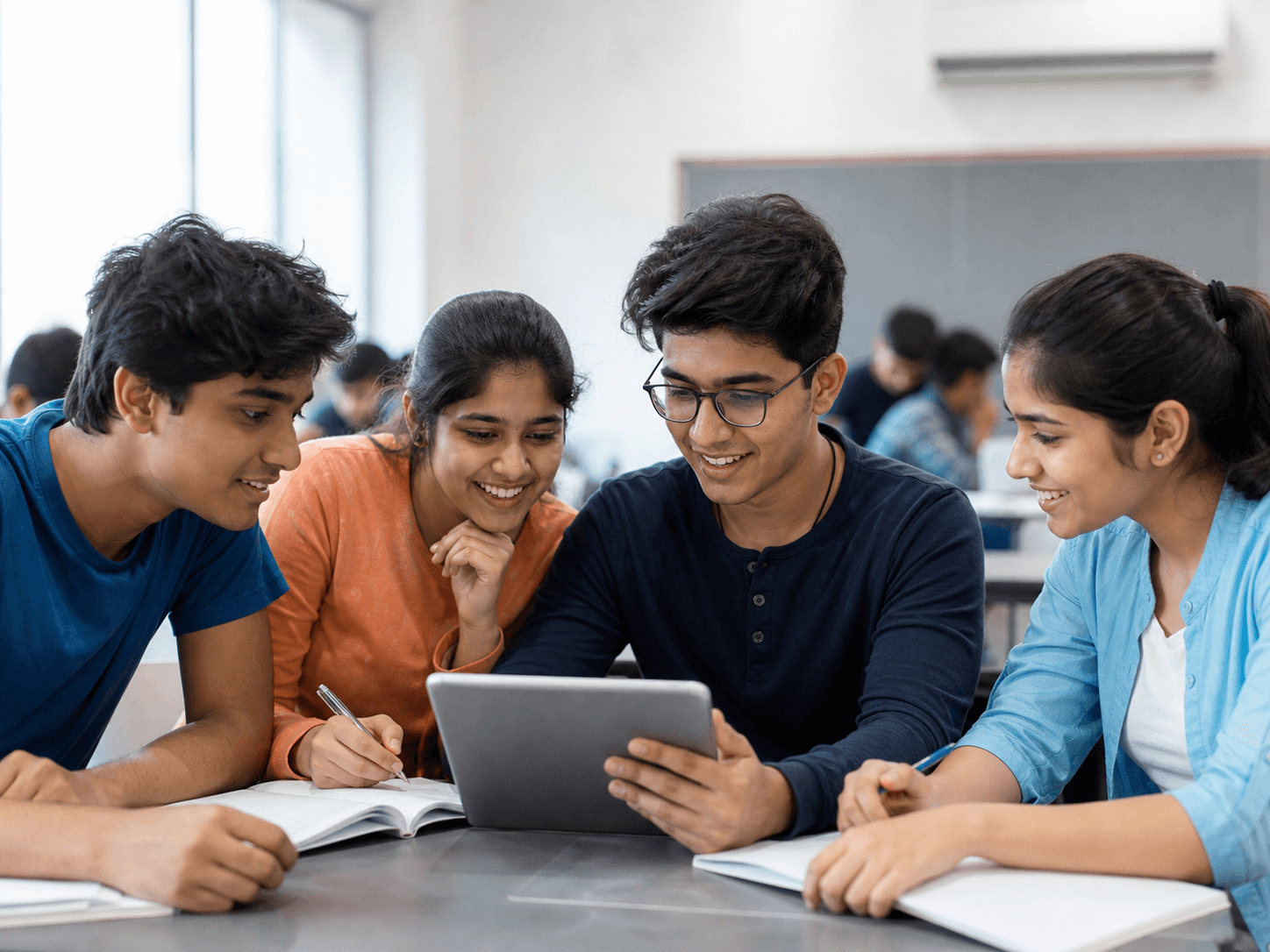 Indian students preparing together for a scholarship opportunity